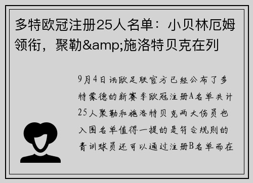 多特欧冠注册25人名单：小贝林厄姆领衔，聚勒&施洛特贝克在列